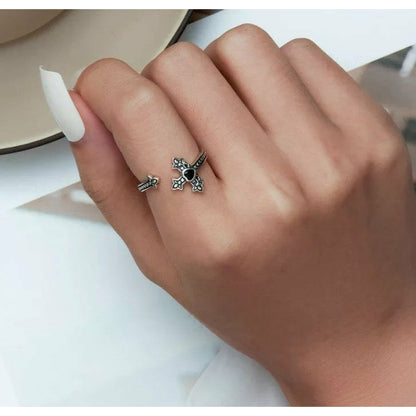 Black CZ Vintage Cross Ring