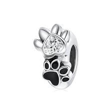 925 Sterling Silver CZ Black And Clear Dog Paw Print Charm Spacer/Stopper