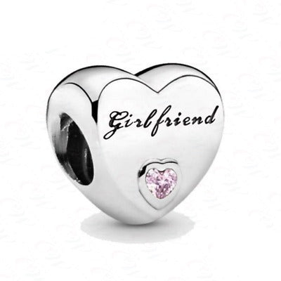 925 Sterling Silver Girlfriend Pink CZ Heart Bead Charm