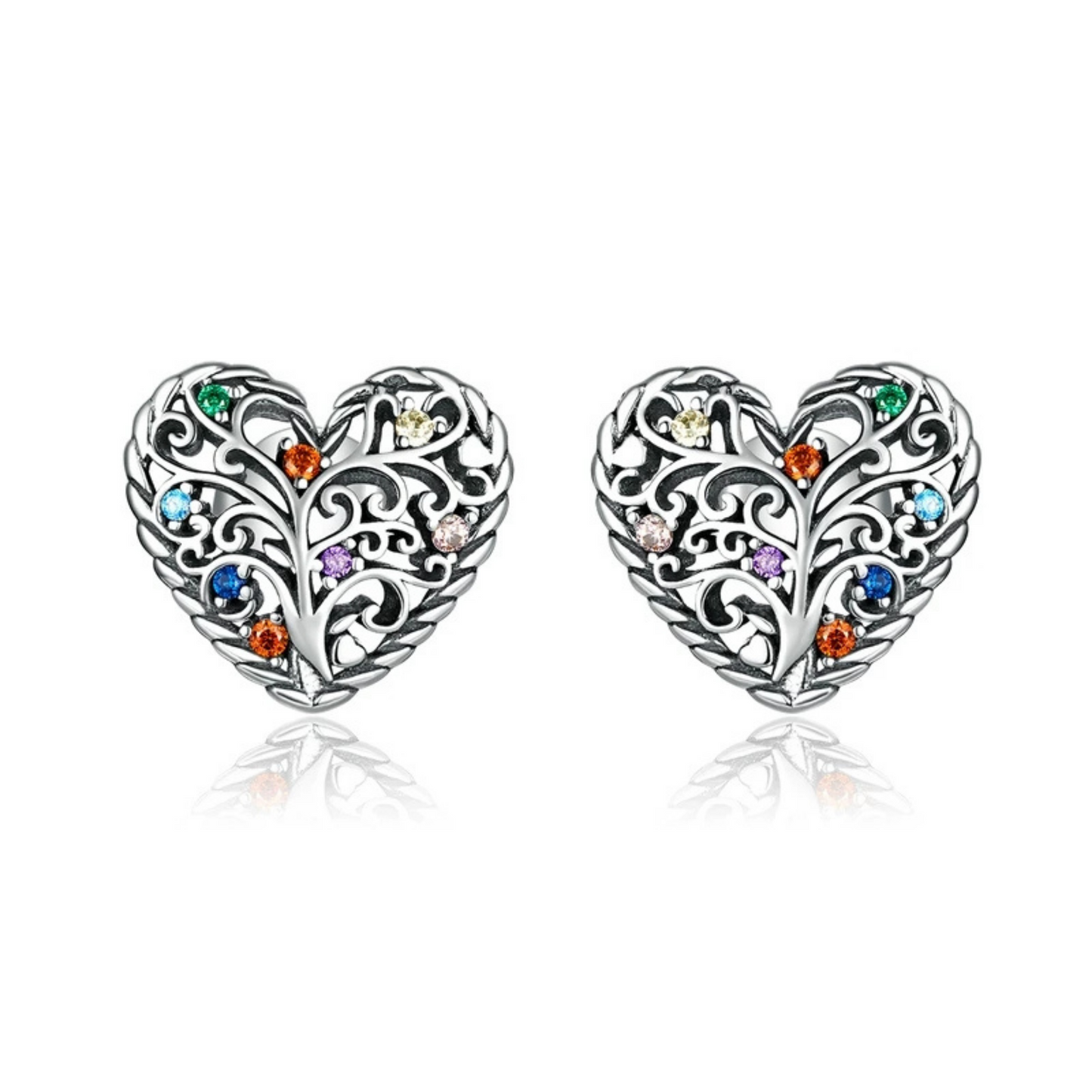 Colour CZ Heart Tree of Life Stud Earrings