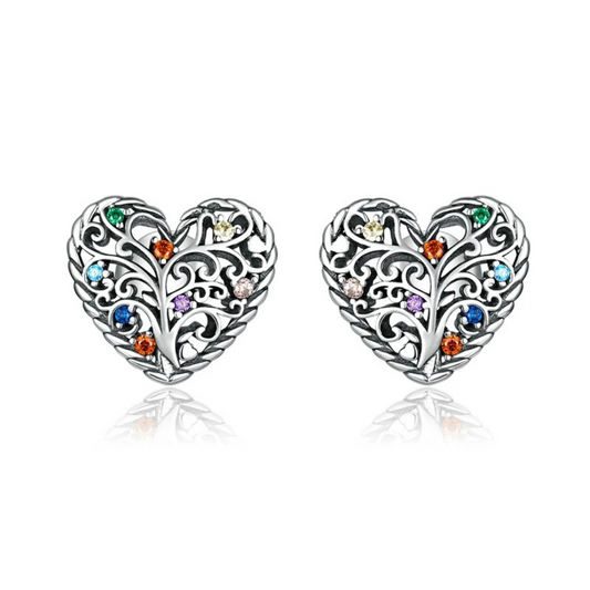 Colour CZ Heart Tree of Life Stud Earrings