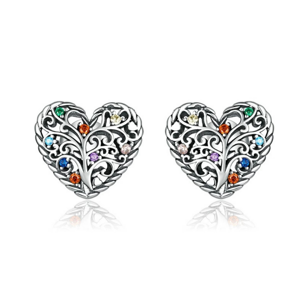 925 Sterling Silver Colour CZ Heart Tree of Life Stud Earrings