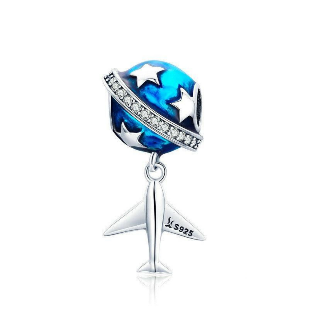 925 Sterling Silver Blue Star Globe and Airplane Bead Charm