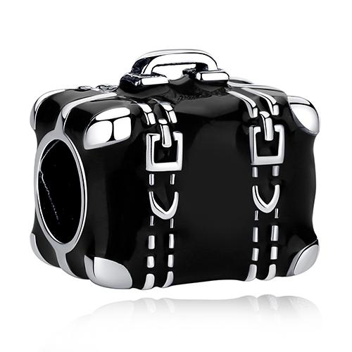 925 Sterling Silver Travelling Suitcase Black Enamel Charm
