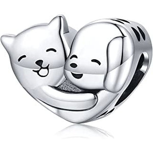 925 Sterling Silver Cat And Dog Heart Bead Charm