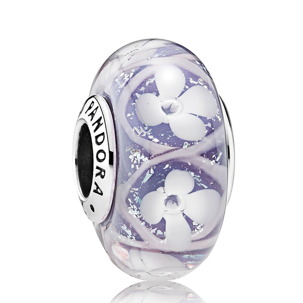 925 Sterling Silver Purple Murano Glass White Flower Bead Charm