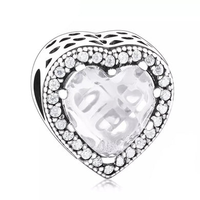 925 Sterling Silver CZ Clear Glass Heart Bead Charm