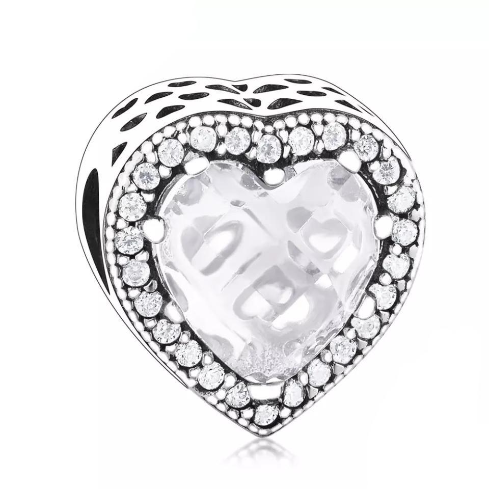 925 Sterling Silver CZ Clear Glass Heart Bead Charm