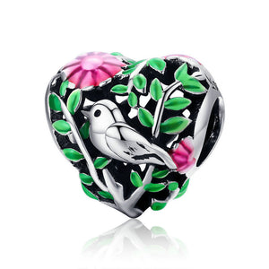 925 Sterling Silver Bird in the Woods Colourful Enamel Heart Bead Charm