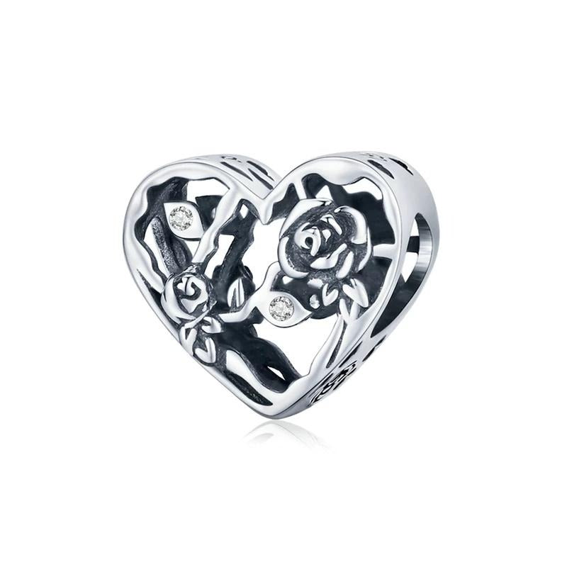 925 Sterling Silver Vintage Rose Heart Bead Charm
