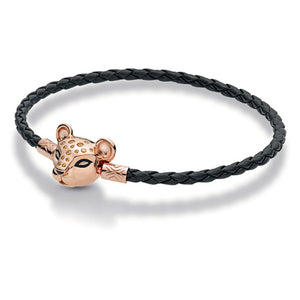 Rose Gold PLATED Lioness Clasp Black Single Leather Charm Bracelet