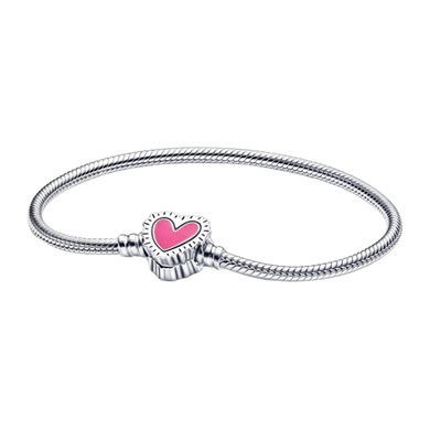 925 Sterling Silver Pink Heart Clasp Snake Chain Bracelet