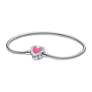 925 Sterling Silver Pink Heart Clasp Snake Chain Bracelet