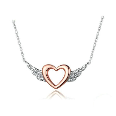 Rose Gold Plated Heart And Silver Wings Necklace