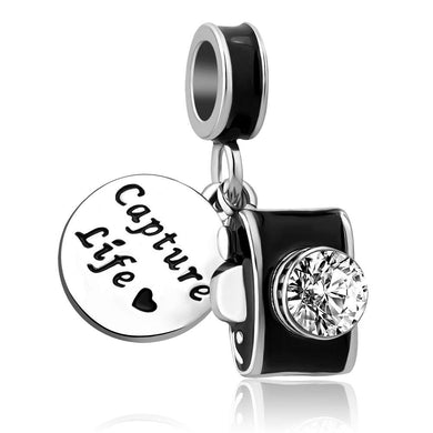 925 Sterling Silver Capture Life Black Enamel CZ Camera Dangle Charm