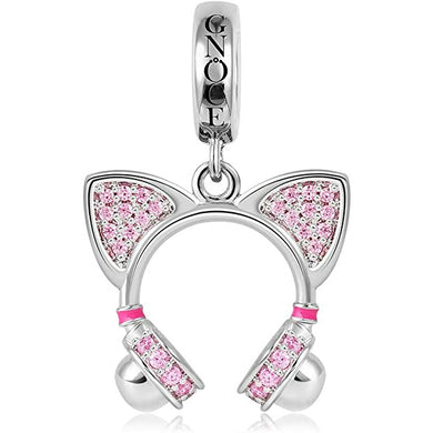 925 Sterling Silver Pink Cz Cat Gamer Headset Dangle Charm