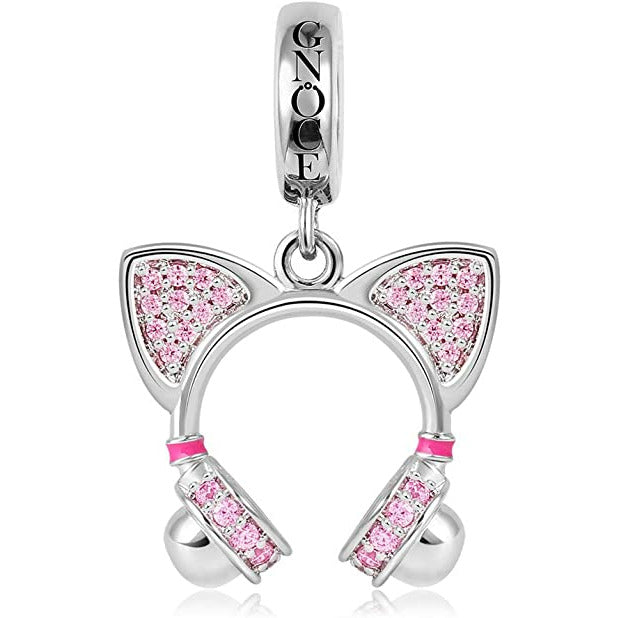 925 Sterling Silver Pink Cz Cat Gamer Headset Dangle Charm