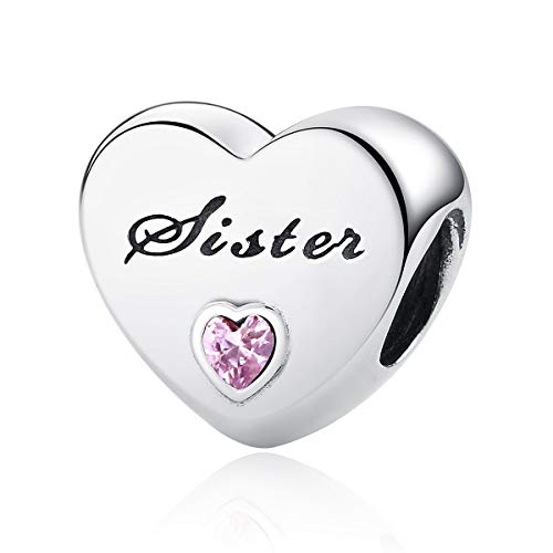 925 Sterling Silver Sister Engraved Heart Bead Charm