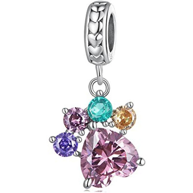 925 Sterling Silver Multi-Coloured CZ Dog Paw Dangle Charm