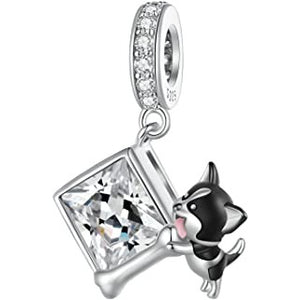 925 Sterling Silver Clear CZ Dog With Bone Dangle Charm
