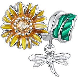 925 Sterling Silver Sunflower And Dragonfly Bead Charm