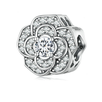 925 Sterling Silver Clear CZ Flower Bead Charm