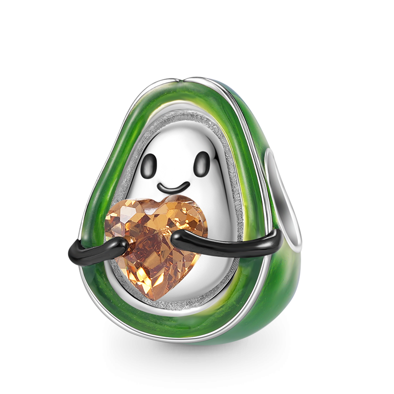 925 Sterling Silver Avocado With CZ Yellow Heart Bead Charm Be