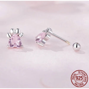 925 Sterling Silver Pink CZ Paw Print Stud Earrings