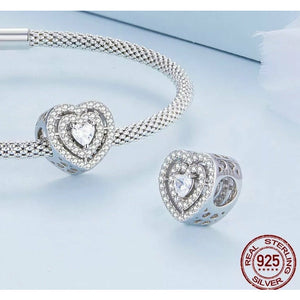 925 Sterling Silver Clear CZ Pave Heart Bead Charm