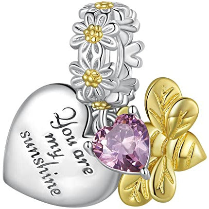 Two Tone "You Are My Sunshine" Daisy, Bee and Pink CZ Dangle Charm
