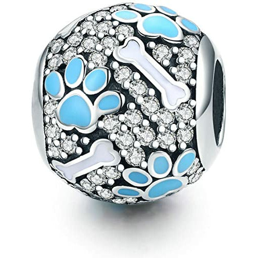925 Sterling Silver Clear CZ Blue Enamel Dog Paw And Dog Bone Pandora Comatible Bead Charm