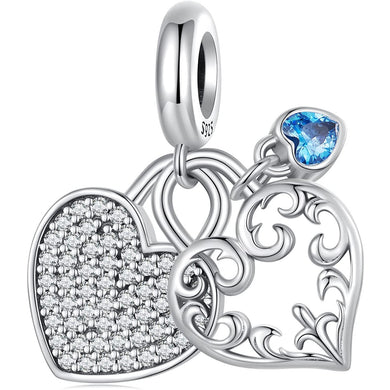 925 Sterling Silver Together Always Double Heart Dangle Charm