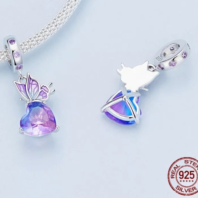 Purple CZ Heart and Butterfly Dangle Charm