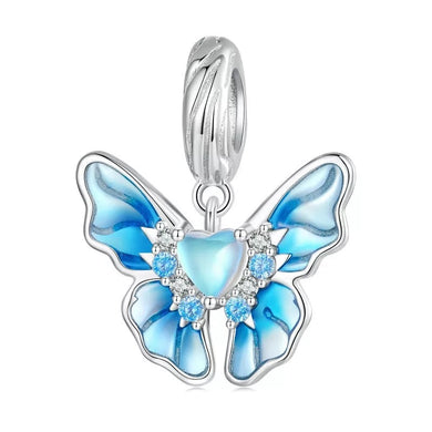 925 Sterling Silver Blue Enamel CZ Butterfly Dangle Charm