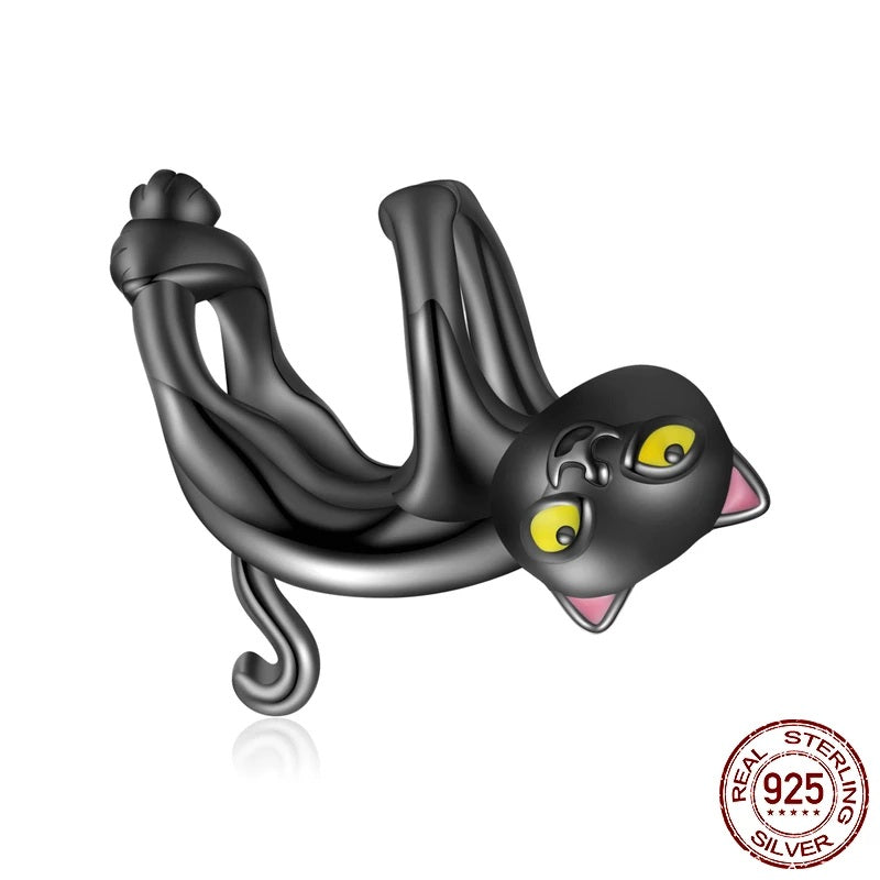 925 Sterling Silver Cute Black Hanging Cat Bead Charm