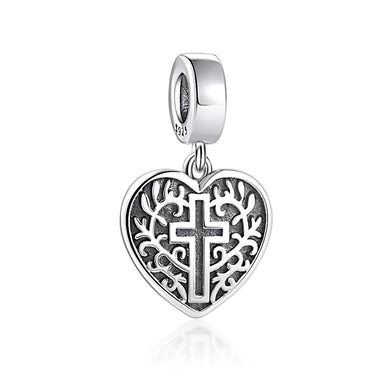925 Sterling Silver Vintage Cross in Heart Dangle Charm