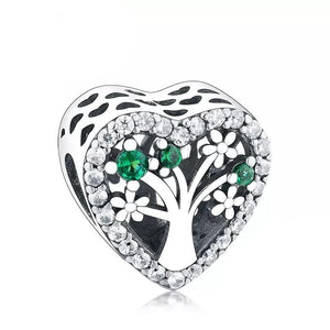 925 Sterling Silver Clear and Green CZ Tree of Life Heart Bead Charm