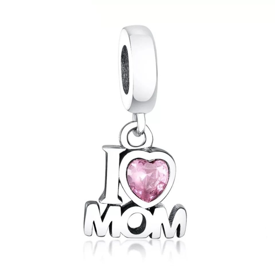 925 Sterling Silver Pink CZ I Love Mom Dangle Charm