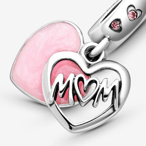 925 Sterling Silver Pink Enamel Mom Heart Dangle Charm