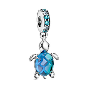 925 Sterling Silver Blue Murano Glass Turtle Dangle Charm