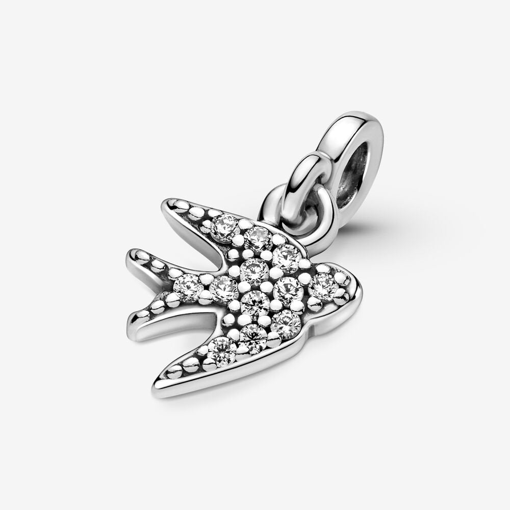 925 Sterling Silver Clear CZ Swallow Dangle ME Charm