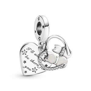 925 Sterling Silver I'll Always Bet There for You Cat Friends Heart Dangle Charm