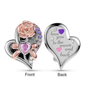 925 Sterling Silver Heart With Rose Gold Rose "I Love You To The Moon And Back" Bead Charm