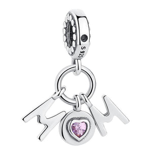 925 Sterling Silver Pink CZ Mom Dangle Charm