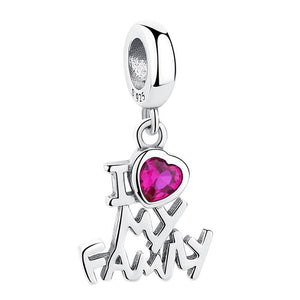 925 Sterling Silver Cherise Pink CZ I Love My Family Heart Dangle Charm