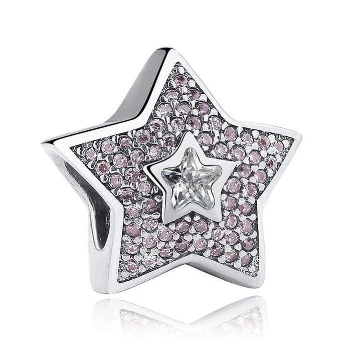 925 Sterling Silver Tiny Pink CZ Star Bead Charm