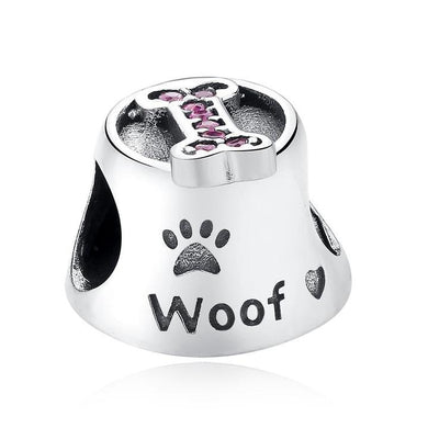925 Sterling Silver Pink CZ Woof Dog Bowl Bead Charm
