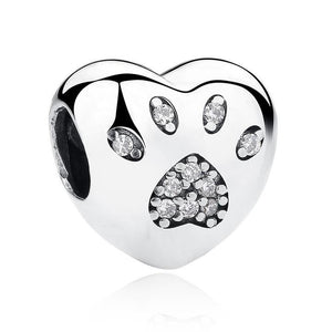 925 Sterling Silver CZ Paw Print Heart Bead Charm