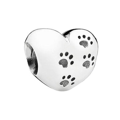 925 Sterling Silver My Sweet Pet Paw Prints Heart Bead Charm