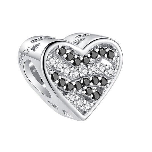 Black and Clear CZ Heart Bead Charm